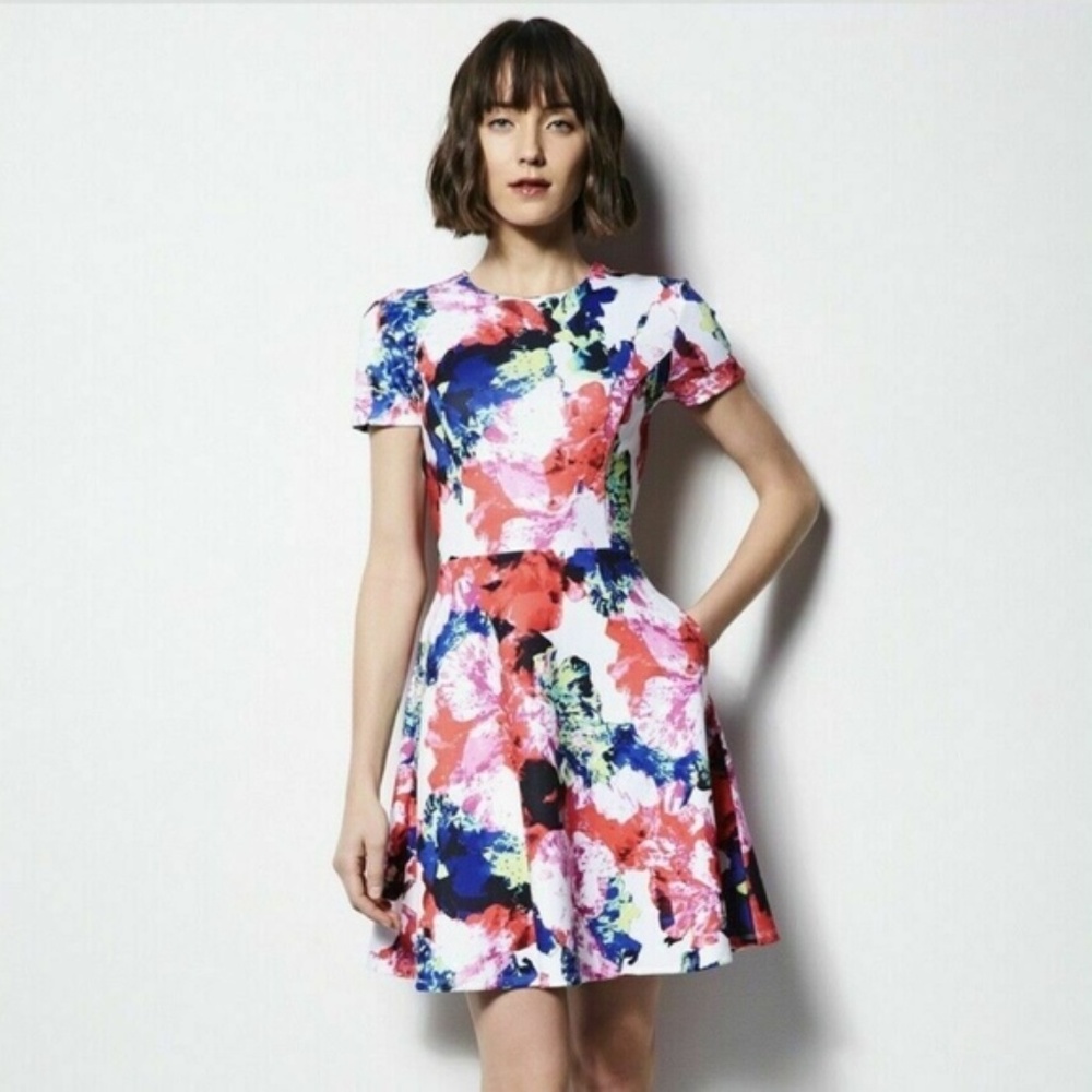 Milly Fit & Flare Floral Short Sleeve Scuba Dress